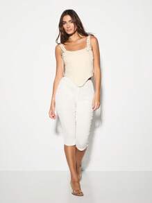 KIZN 斜纹系带紧身胸衣背心，带金属环，紧身胸衣，无袖时尚骨架紧身胸衣，适合节日夏季海滩派对俱乐部穿着街头服饰 - 杏色 - 查看 3