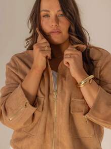 Aralina Plus Winter Suedette 短款拉链夹克 Country Concert - 卡其色 - 查看 2