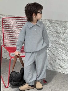 DAZY 2 件套儿童男童休闲 Polo 领运动衫和运动裤套装，宽松华夫格面料，秋季