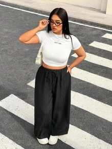 SHEIN EZwear 2 件大码女式休闲纯色抽绳腰斜口袋宽腿宽松裤 - 深灰色 - 查看 4