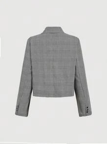 SHEIN MOD 女式千鸟格纹翻领长袖休闲薄款西装外套 - 黑色 - 查看 3