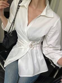 DAZY Áo cánh dài tay cổ xéo ve ôm màu trơn dành cho nữ, thường ngày thanh lịch, mùa thu - trắng - Xem 4