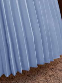 SHEIN Serisse Kids 青少年女孩休闲泡泡袖V领褶裥长裙 - 霧霾藍 - 查看 9