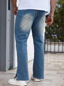 Manfinity Homme Retro Blue Slit Hem Design Jeans, Fashionable & Slim Fit Straight Leg Flared Pants For Men - Blue - View 2