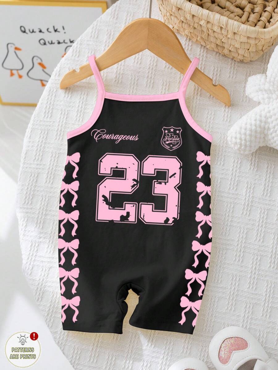 SHEIN Happikins Sweet Bow, English Numeral 23 Print, Sporty Chic Style, Baby Girl Casual Dungaree Shorts, Suitable For Spring & Summer Baby Girl Clothes Baby Clothes Girl Black White And Pink Baby Sportswear Toddler Girl Athletic Wear Baby Girl Race Outfit