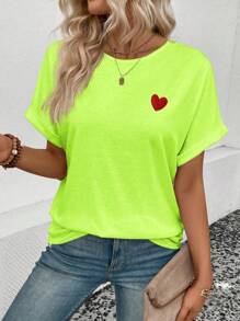 SHEIN LUNE Áo thun tay cánh dơi thêu hình trái tim giản dị, mùa hè - màu xanh lá - Xem 3