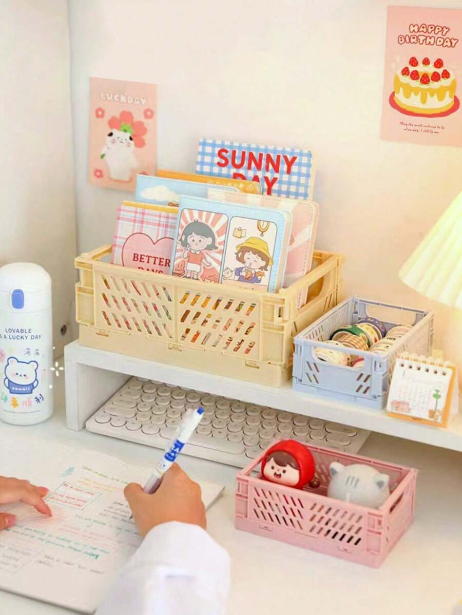 Foldable Storage Basket Collapsible Desktop Organizer With Handles Pastel & Vibrant Colors Plastic Storage Bin For Study Essentials Home Organization Room Decor Space Saving Shelf Organizer Table Tidy Must Have Household Organizers Multi-Use Decor Dorm Room Essentials Back To School Organization