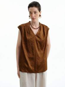 Aalyst Áo sơ mi nữ mùa hè không tay cổ chữ V xếp ly rộng rãi sang trọng, thời trang cao cấp, thanh lịch, giản dị - Rỉ Nâu - Xem 3