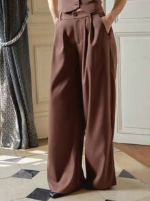 lacRébo 棕色修身阔腿裤，前褶低腰，教师装，办公室装 - 棕色 - 查看 6