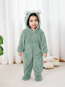 新生儿男女通用毛绒熊耳动物连帽拉链连体衣，秋冬季款 - 綠色 - 查看 5