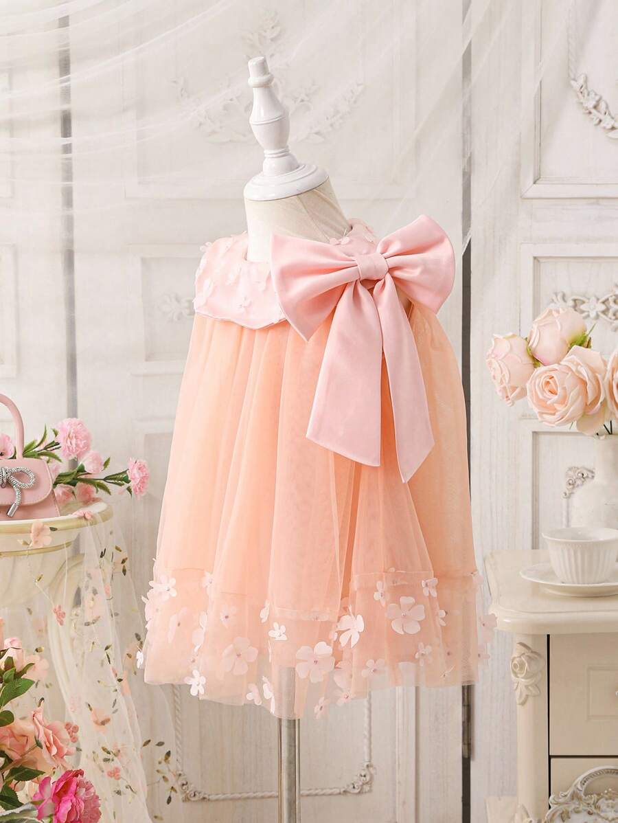 Baby Girl Cute Summer Apricot Mesh Bowknot Dress - Pink - View 1