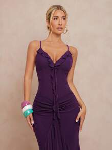 Lumalex 女式无袖荷叶边下摆美人鱼紧身连衣裙 - 紫色 - 查看 7