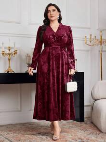 Modelyn Đầm dạ hội dài tay bồng cổ chữ V họa tiết hoa Jacquard cỡ lớn cho nữ - Màu Đỏ Sâu - Xem 6