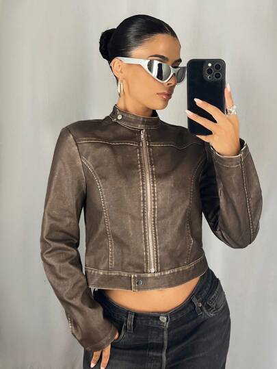 SHEIN ICON Women's Zip Front Stand Collar Fashion PU Leather Long Sleeve Jacket Fall Women Clothes