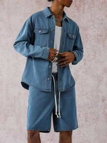 Manfinity EMRG Men's Casual Washed Denim Jacket And Shorts Set, Fall - Blue - View 6