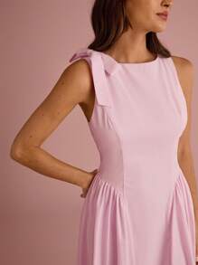 Enchnt Summer/Fall Romantic Women's Pastel Pink Bowknot Shoulder Sleeveless Pleated Long Dress - Pink - View 2