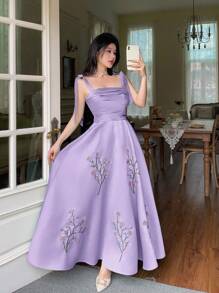 Modelyn Đầm Maxi Tank Top Thanh Lịch Thêu Hoa Cho Nữ - Màu tím - Xem 7