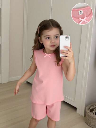 SHEIN 2 st/set Ung Flicka Söt Enfärgad Enkel Mode Ärmlös Linne Underkläder & Shorts Set