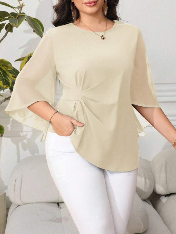 Reflora Plus Size Women's Solid Color Round Neck Ruched Waist Flare Sleeve Elegant Blouse Chiffon Blouses For Women