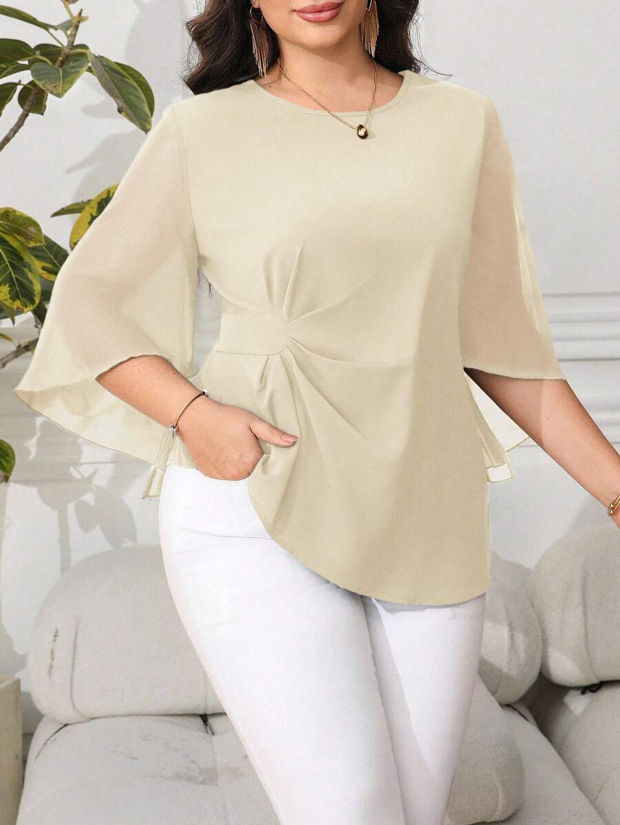 Reflora 大码女式纯色圆领褶饰腰部喇叭袖优雅衬衫 - 杏色 - 查看 1