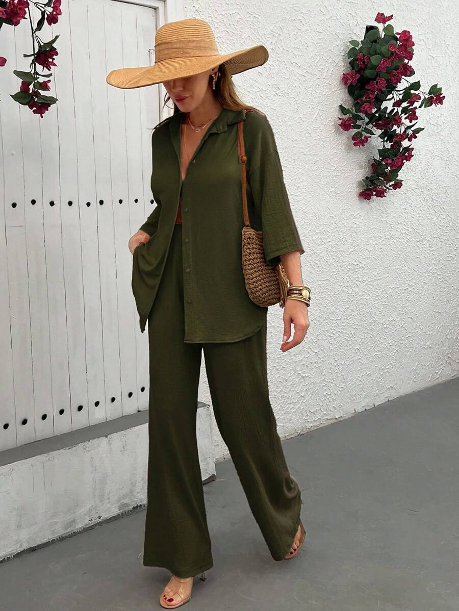 EURMUSE Women Loose Fit Blouse And Pant Two Pieces Set - Army Green - View 1