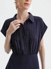 Aalyst 女士简约优雅高端休闲亚麻质感衬衫领前开半开腰收腰 A 字长裙，适合办公室、度假、下午茶、音乐/啤酒节、春夏季 - 藏蓝色 - 查看 3