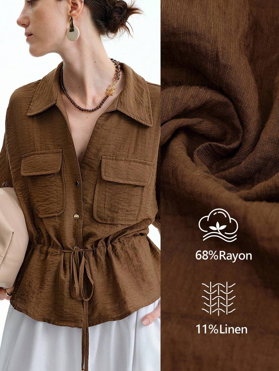 Aalyst Women's French Elegant Minimalist Commuting Office Casual Vacation Comfortable Tea Time Music Festival Beer Festival Plain Linen-Like Collared V-Neck Front Open Waist Drawstring Metal Buckle Decoration Bowknot Dolman Sleeve Cuff Turnover Hem Short Sleeve Crop Top, Coffee