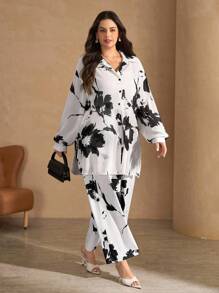 Chikora Bộ đồ dài in hoa đen trắng cỡ lớn cho nữ 2 món - Đen và trắng - Xem 4