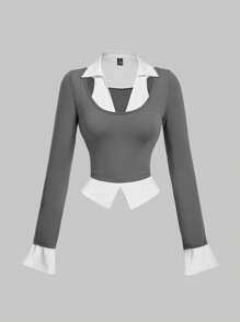 SHEIN MOD 女士灰色喇叭袖立领衬衫 T 恤，二合一 T 恤，喇叭袖，乡村音乐会，可爱，女士西部装，度假，复古，女士外出上衣，校服，秋季，街头服饰，老钱风格女士，女教师，工作衬衫，办公室，女士办公室，女士工作服，返校服，女士机场装 - 深灰色 - 查看 1