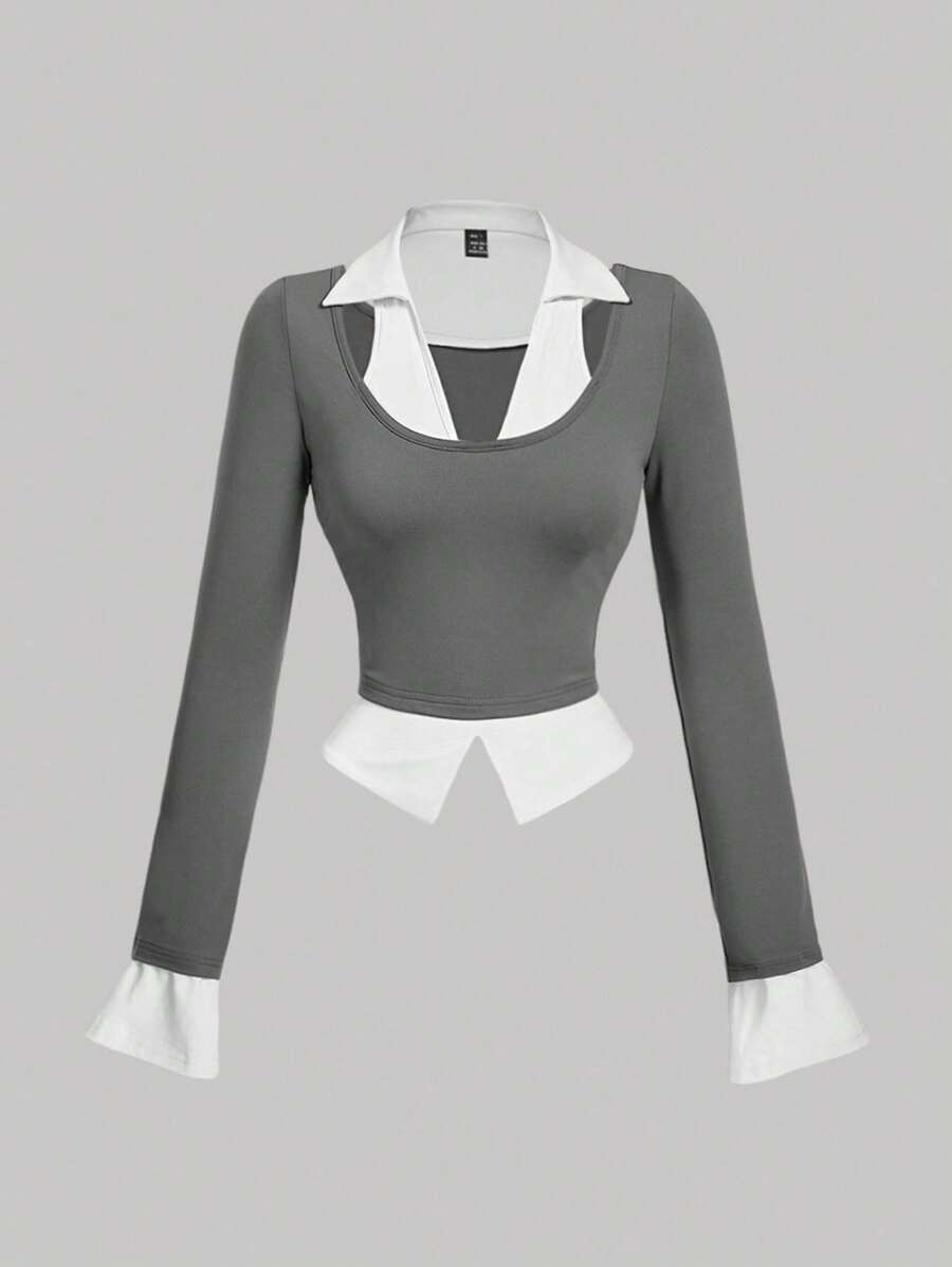 SHEIN MOD 女士灰色喇叭袖立领衬衫 T 恤，二合一 T 恤，喇叭袖，乡村音乐会，可爱，女士西部装，度假，复古，女士外出上衣，校服，秋季，街头服饰，老钱风格女士，女教师，工作衬衫，办公室，女士办公室，女士工作服，返校服，女士机场装 - 深灰色 - 查看 1