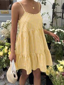 MainGRL 女式新款格纹细肩带露背无袖太阳裙，夏季 - 黃色 - 查看 6