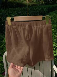 SHEIN EZwear Chocolate Brown Woven Women Short Sleeve Shirt And Shorts Casual Set - Chocolate Brown - View 5