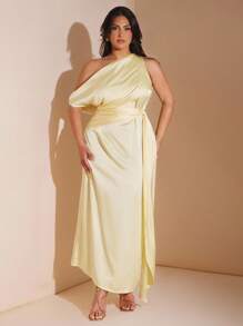 SHEIN BAE Plus Size Butter Yellow Summer Elegant Modest Formal Asymmetric Neck Long Satin Dress For Women,Wedding Guest Bridesmaid Birthday Brunch Vacation - Yellow - View 3