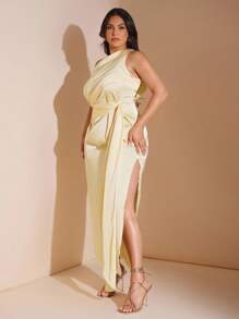 SHEIN BAE Plus Size Butter Yellow Summer Elegant Modest Formal Asymmetric Neck Long Satin Dress For Women,Wedding Guest Bridesmaid Birthday Brunch Vacation - Yellow - View 5