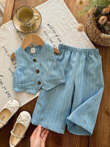 LMoss Kids LMoss Baby Girl Woven Solid Color Top And Loose Casual Long Pants Set - Blue - View 9