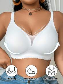 SHEIN Fashionable Minimalist Solid Color Comfy Seamless Lace Patchwork Wireless Wide Strap Pullover Ruffle Trim Thin Padded Plus Size Women Bra - White - View 3