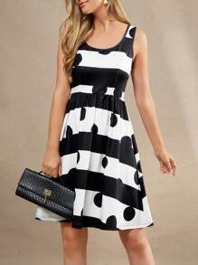 Amorya 女式圆领无袖收腰修身几何印花 A 字型弹力针织优雅休闲连衣裙，适合春夏季 - 黑與白 - 查看 4