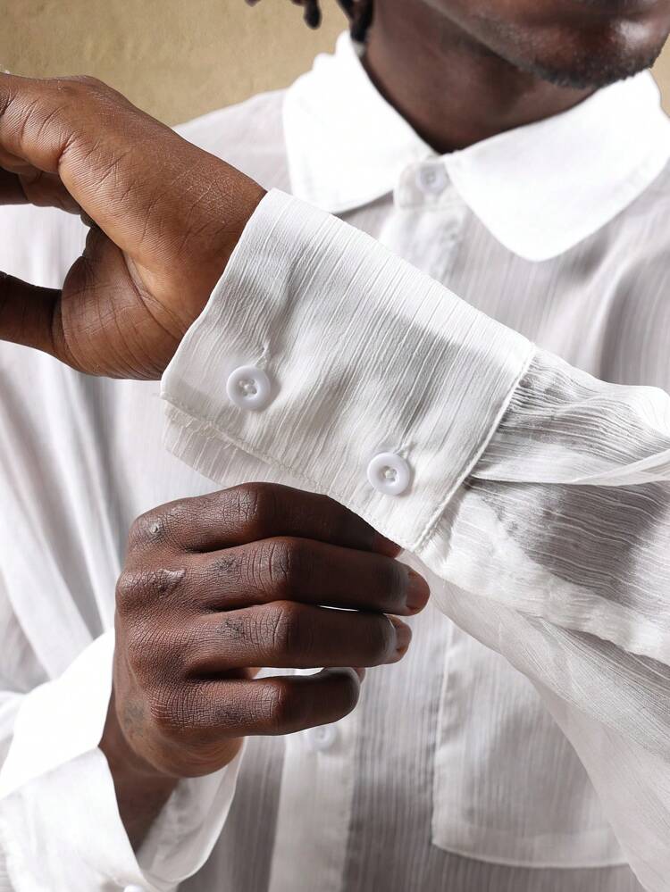 Sheer Textured Button Down Shirt With Collar