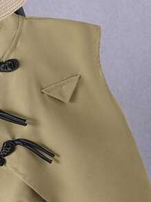 SHEIN 2 件套幼儿男童复古中国风纽扣短袖上衣和短裤套装，时尚、凉爽、舒适，适合春夏季度假、旅行、放松、日光浴