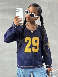 SHEIN Tween Girls Digital Pattern Hollow Out Knitted Sweater,In Fall/Winter - Blue - View 1