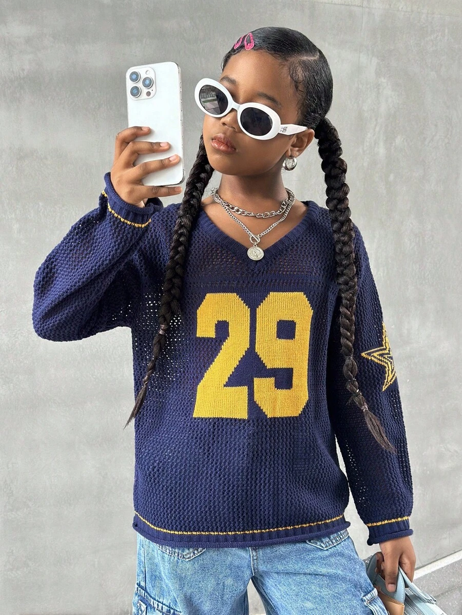 SHEIN Tween Girls Digital Pattern Hollow Out Knitted Sweater,In Fall/Winter - Blue - View 1