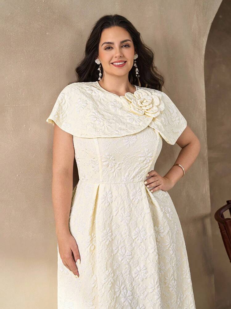 Chikora エレガントなパーティードレス プラスサイズ ジャガード 3Dフラワーデコレーション ソリッドカラー - アプリコット - 見る 5