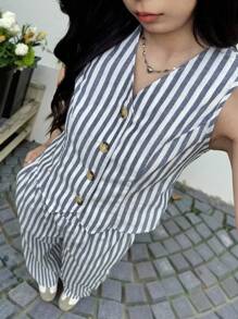 SHEIN Conjunto de Regata e Calça Assimétrica com Decote em V Listrado, Casual para Adolescentes, Confortável e Minimalista