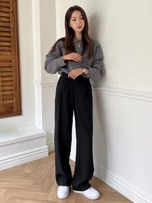DAZY Women's Casual Business Solid Color Straight Leg Pants,Women Dress Pants - Black - View 6