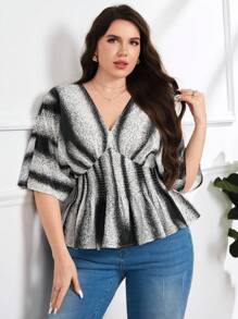 Modelyn Plus Size Women Striped Batwing Sleeve Shirred Waist Ruffle Hem Fashion Blouse - Multicolor - View 1