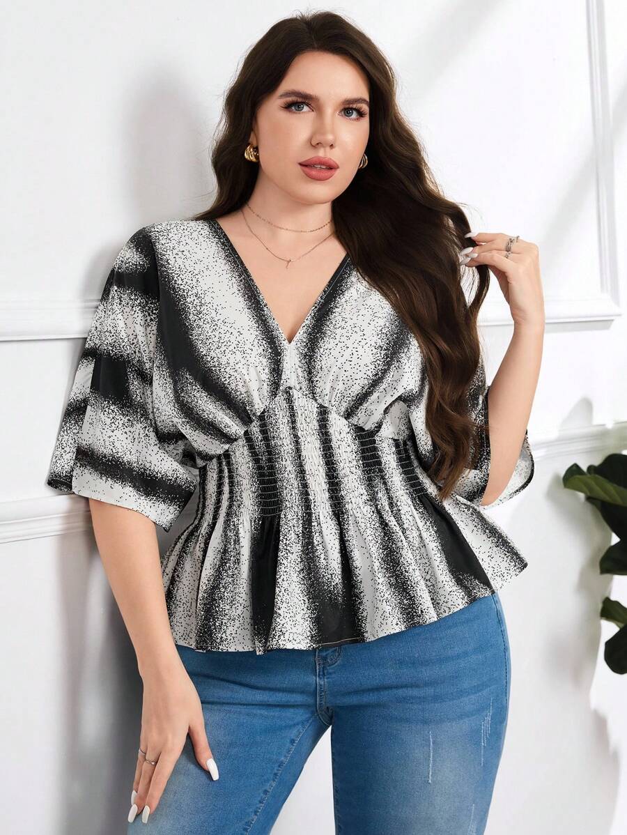 Modelyn Plus Size Women Striped Batwing Sleeve Shirred Waist Ruffle Hem Fashion Blouse - Multicolor - View 1