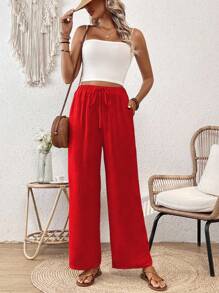 SHEIN LUNE Loose Straight Elastic Drawstring Textured Wrinkled Fabric Spring Summer Pants - Red - View 4