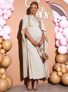 Loomaby 优雅孕妇派对纯色斗篷袖连衣裙性别揭示连衣裙孕妇装婴儿洗礼连衣裙 - 杏色 - 查看 4