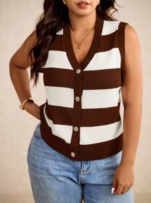 Elaquor 大码休闲通勤拼色条纹针织背心，秋冬女士度假装 - 棕色 - 查看 6