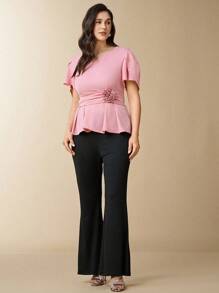 SHEIN Clasi Ladies' Casual Elegant Petal Short Sleeve Cut-Out V-Neck 3D Floral Belt Elastic Waist Ruffle Hem Blouse Top And Elastic Waist Flare Leg Pants 2 Pieces Set, Plus Size, Fall Women Clothes Fall Clothes Fall Women Outfits - Dusty Pink - View 3